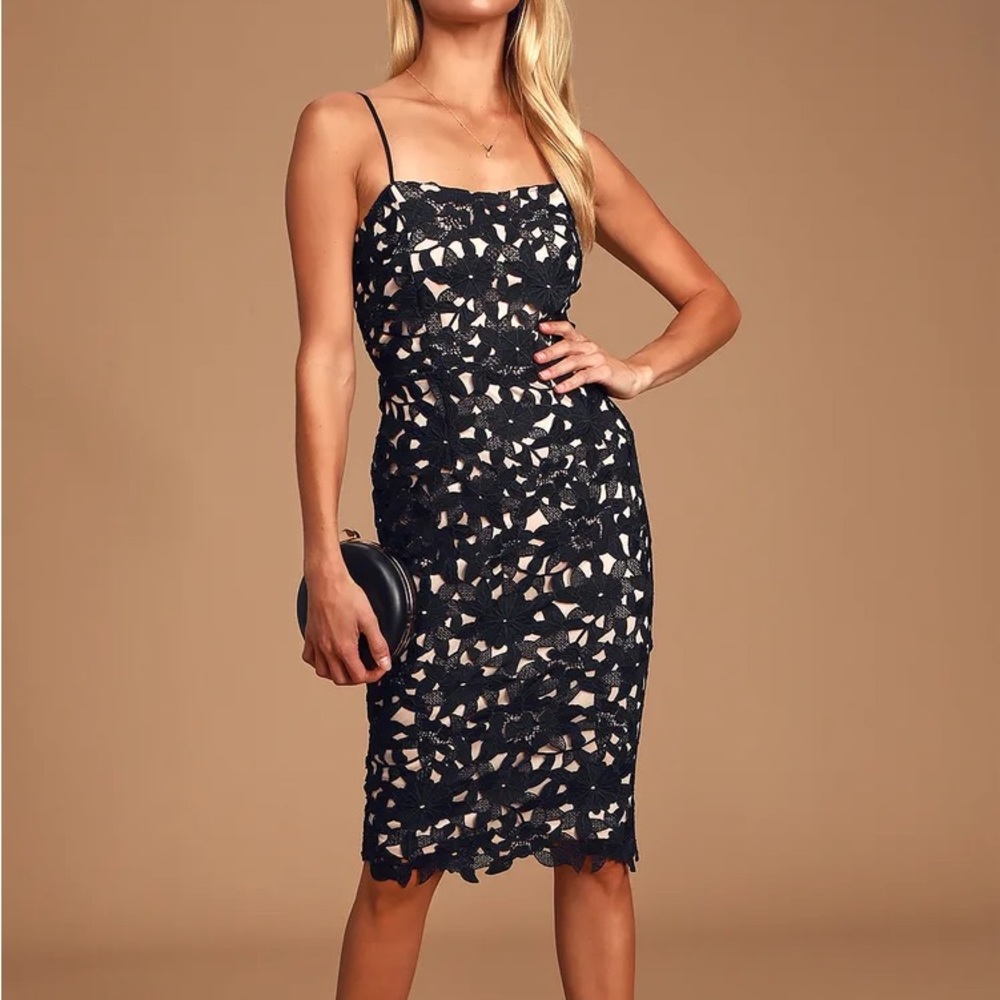 Black Crochet Lace Bodycon Midi Dress
